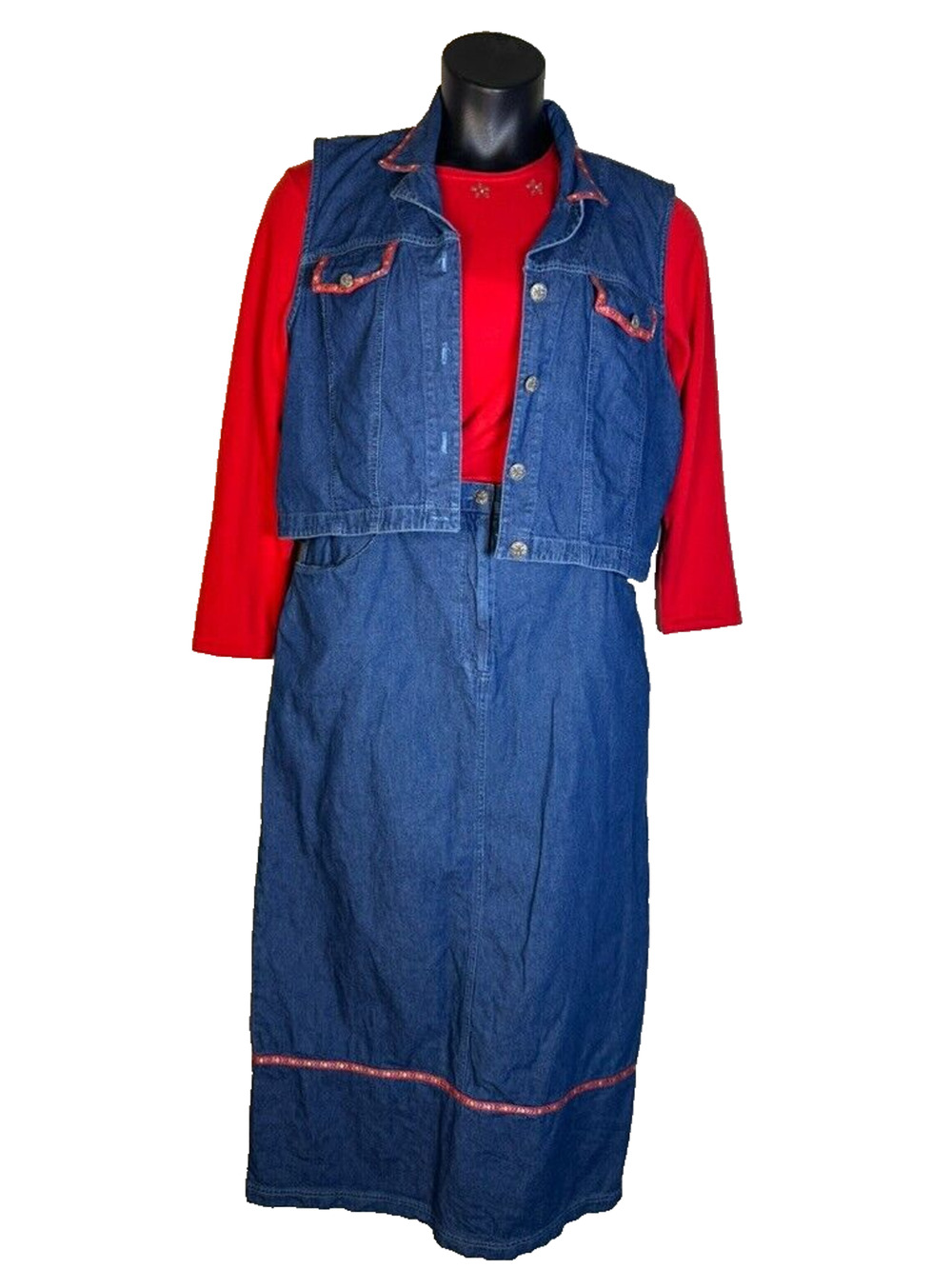Denim Jean Skirt Vest Red Shirt 3 Piece Set Teacher Retro 90's Size Large 14 Vtg